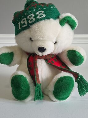 Kmart 1988 Vintage Plush Teddy Polar Bear Christmas Hat & Scarf